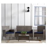 Brown Wicker Patio Set wï¿½ Navy Cushions