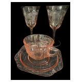 Pink Depression Cup, Saucer & 2 Glasses