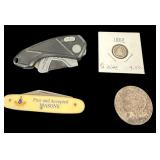 1886 Silver Dollar, 1853 1/2 Dime, Mason Knife,