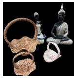 (3) Ceramic Baskets & (2) Statues