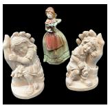 Pair Wooden Sculptures & Porcelain Lady