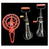 2 Red Handle Egg Beaters & Iron Hot Plate