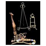 (2) Brass Easels, Wood Giraffe & Jewelry