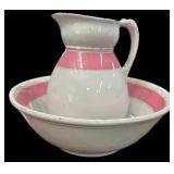 Vintage Pink Border Pitcher & Bowl