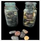 (2) Blue Mason Jars Full Polished Stones