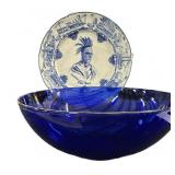 Blue & White Indian Chief Plate & Blue Bowl