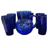 Cobalt Blue Pitcher & 6 Glasses