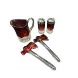2 Red Crystal Hatchets, Salt & Pepper & Pitcher