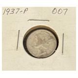 1937 - Philadelphia Mint Mercury Silver Dime Coin