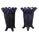 Pair Cobalt Blue Open Lace Imperial Glass Vases