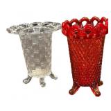 Pair Red & Clear Imperial Glass Footed Vases