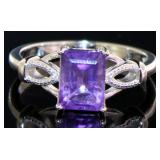 Emerald Cut Natural Amethyst & Diamond Ring