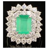 Platinum 5.25ct Natural Emerald & Lab Diamond Ring