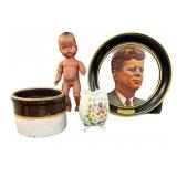 JFK TRAY, Egg Dish, Salt Crock & Vintage Doll
