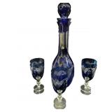 Cobalt Blue Cut To Clear Decanter & 3