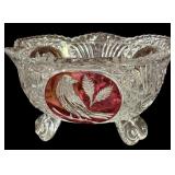 Red Cut to Clear Bird Footed Crystal Candy Dish