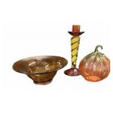 Amber Bowl, Blown Glass Candle Holder & Fruit