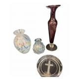 (3) Vases & Cross Paperweight