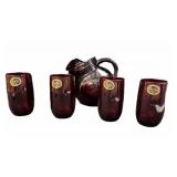 (5) PCS Royal Ruby Anchorglass Pitcher And Four