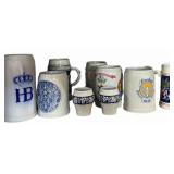 9 Beer Steins & 2 Stoneware Glasses ALL GOOD