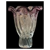 9.5 ï¿½ Hand Blown Crystal Vase  Purple Edging