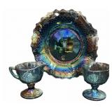 Carnival Glass Ruffled Edge Dish, Creamer & Sugar