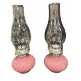 Pink Hobnail Oil Lamps