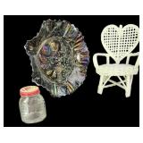 Blue Carnival Dish, Wicker Doll Chair & Mustard