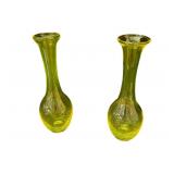 (2) PCS Antique Hand Blown Yellow Glass Bud Vases