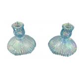 (2) PCS Fenton Blue Carnival Glass Candle Holders
