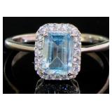 Emerald Cut Natural Blue Topaz Halo Designer Ring
