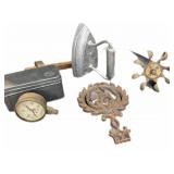 Flat Iron, Pressure Gauges. Iron Trivot, Tin Can,