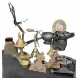 Pewter Sugar & Creamer, Cow Bell, Brass Bell &