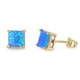 Princess Cut Australian Blue Opal Stud Earrings