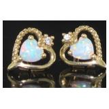 10kt Gold Opal & Diamond Heart Earrings