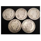 Lot Of 5 Barber Half Dollars