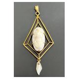 10kt Gold Carved Cameo & Freshwater Pearl Pendant