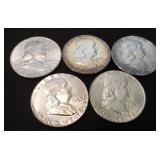 Lot Of 5 Franklin Silver Half Dollars