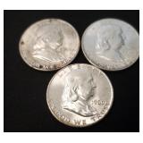 Lot Of 3 1960 Franklin Silver Half Dollars