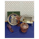 3 Pc Pink Glass, Plate & Loveseat Frame