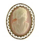 10kt Gold Pink & White Carved Cameo Brooch