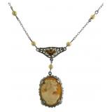 10kt White Gold Cameo & Seed Pearl Drop Necklace