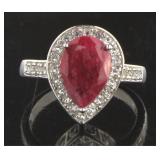 Pear Cut Natural Red Jade & White Topaz Ring