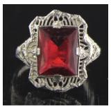 10kt Gold Radiant Cut Ruby Antique Filligree Ring