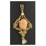 10kt Gold Coral Cameo & Seed Pearl Pendant