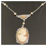 10kt White Gold Cameo & Seed Pearl Drop Necklace