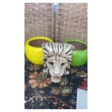 Chalk Lion Head & 2 Pottery Vases