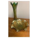 Vintage Green Carnival Glass Bowl & Vase