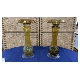 2 Amber Art Glass Candle Holders