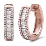 Rose Toned White Topaz Baguette Hoop Earrings